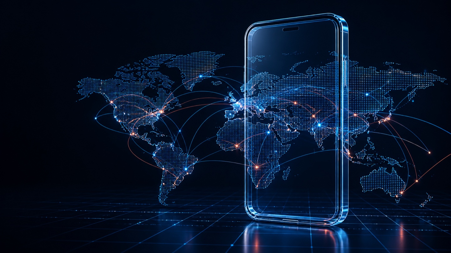Luminous mobile device and data routes connecting a global digital network