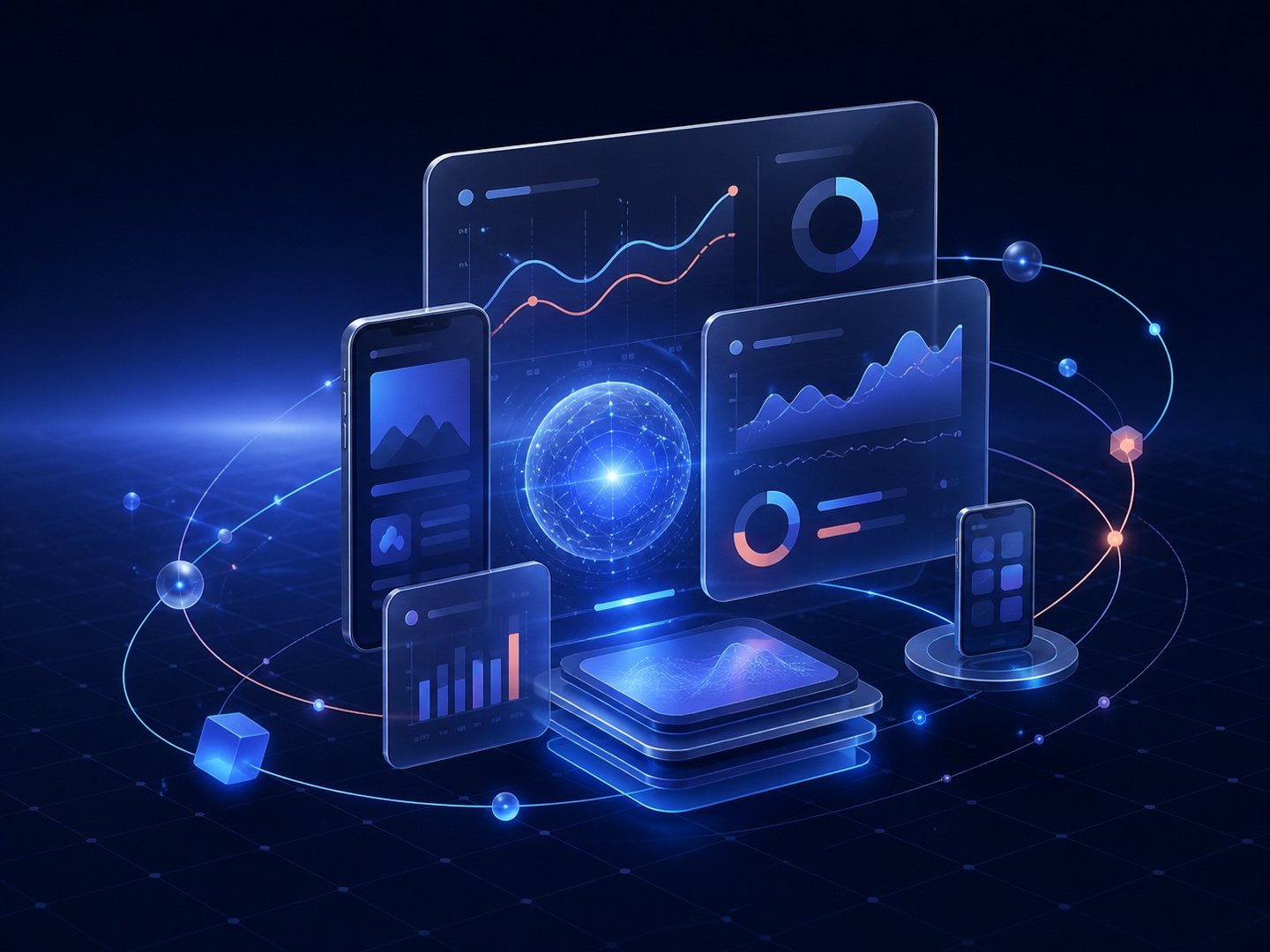 Abstract analytics panels and mobile devices orbiting a glowing performance signal